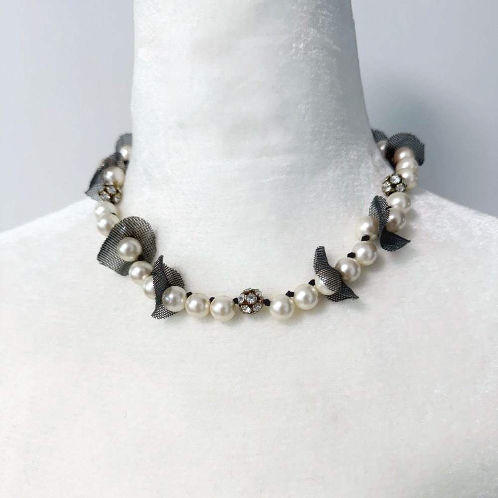 J. Crew | Silver White Black Pearl Crystal Beaded Embellished Statement Necklace